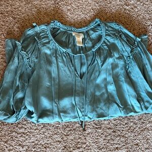 Sundance Pleated Peasant Blouse Ruffled Silk Top Teal Blue size Small Flowy
